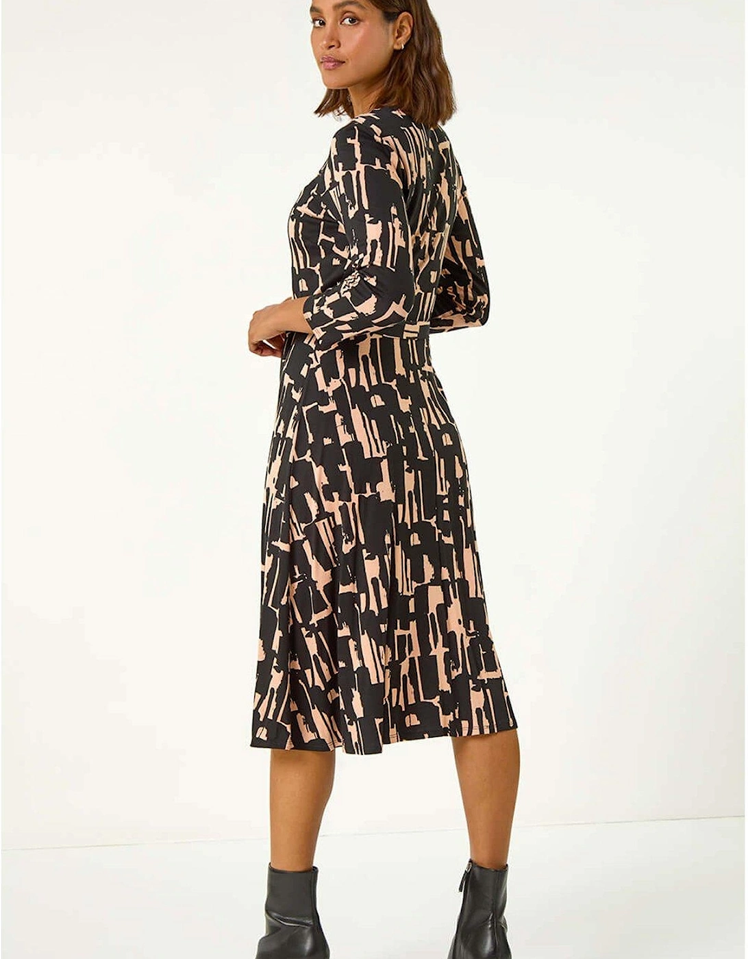 Stretch Abstract Belted Dress - Black