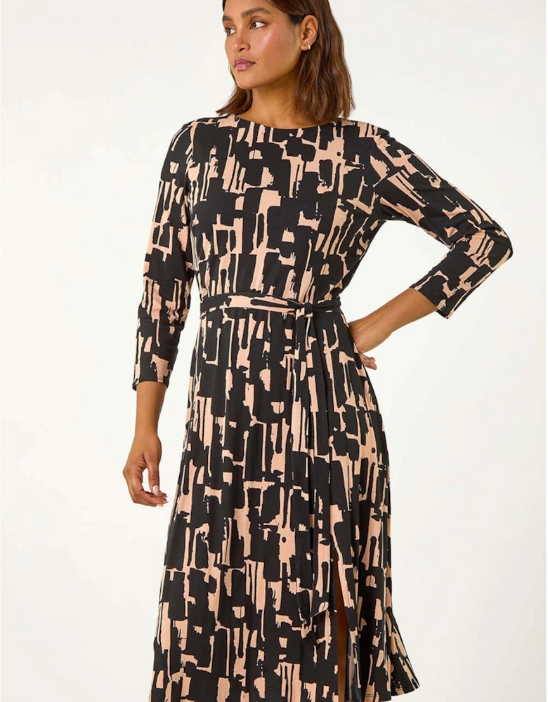 Stretch Abstract Belted Dress - Black