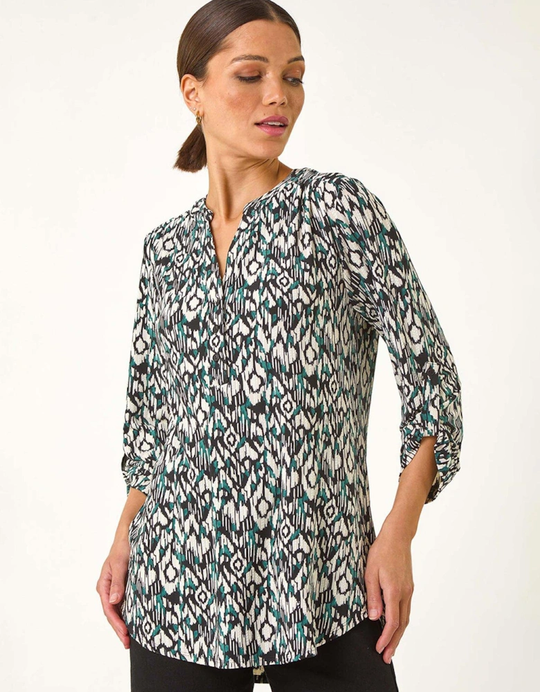 Aztec Print V-neck Stretch Blouse - Green