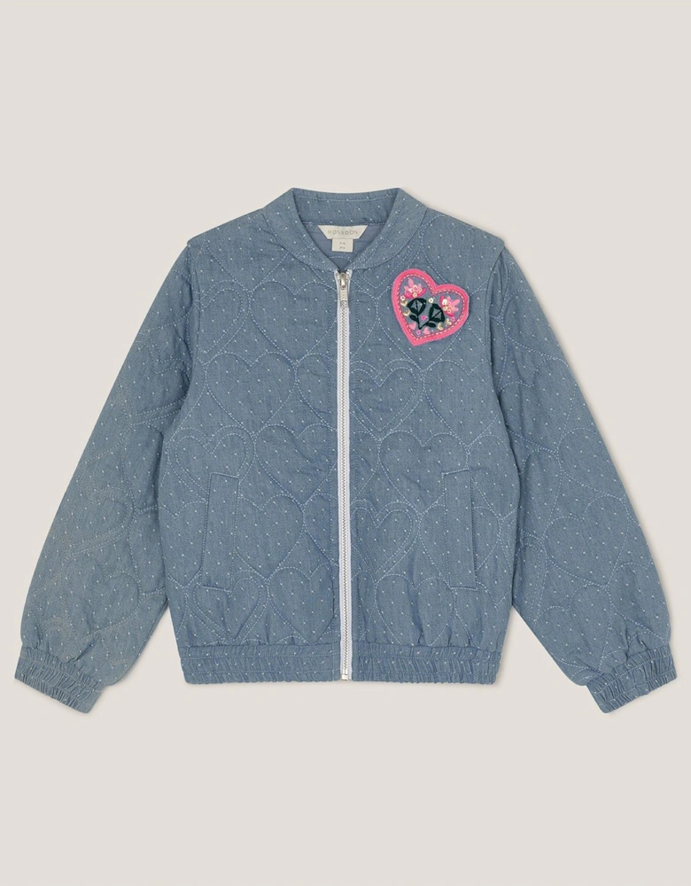 Girls Heart Quilted Chambray Bomber Jacket - Blue