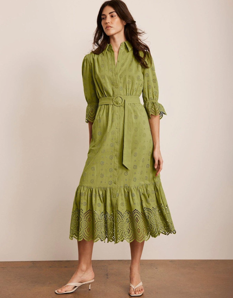 Broderie Midi Dress - Green