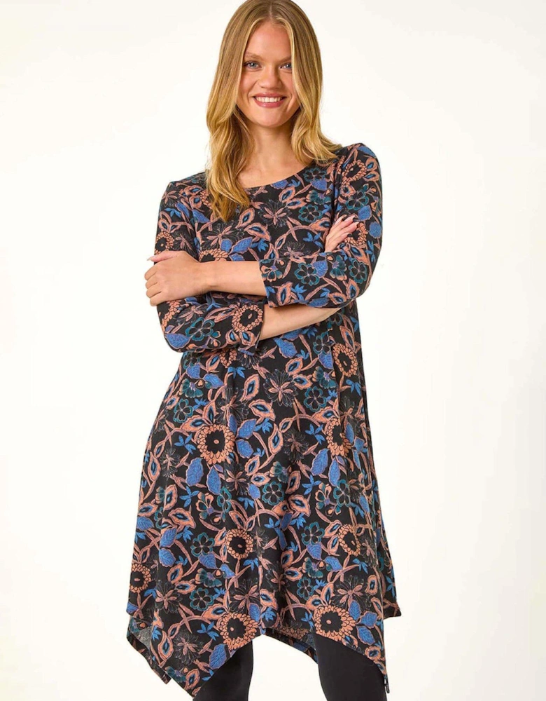 Floral Print Hanky Hem Stretch Dress - Navy