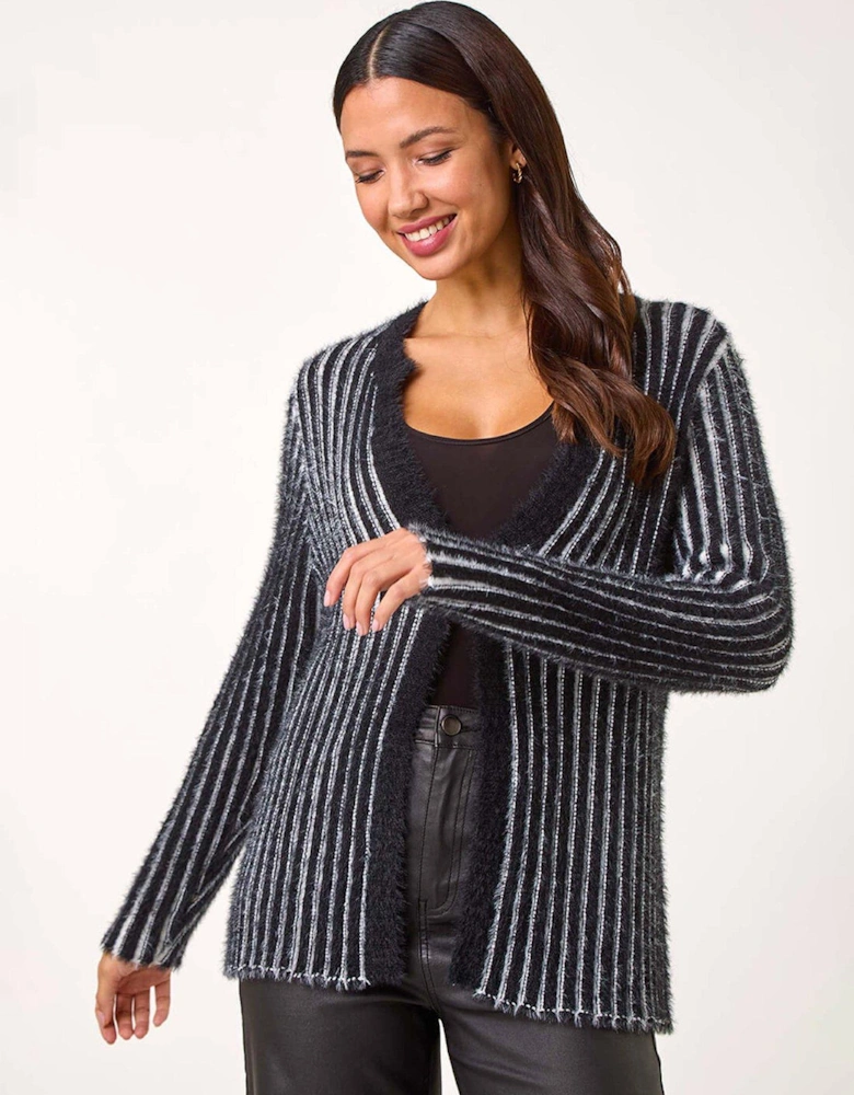 Fluffy Striped Knit Cardigan - Black