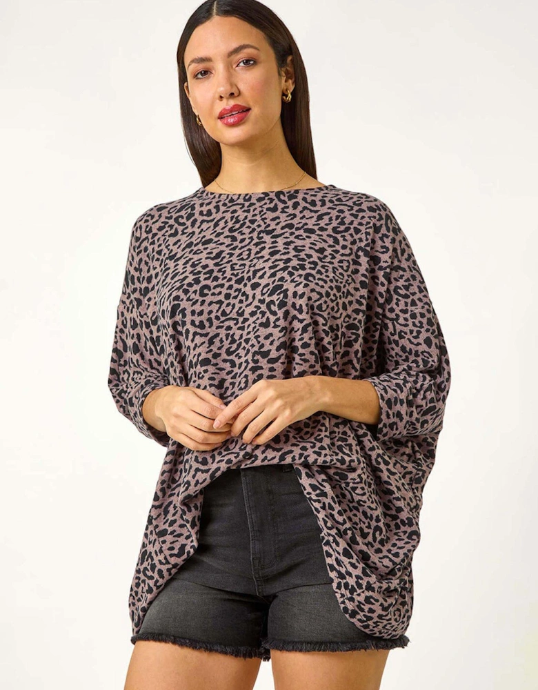 Animal Print Batwing Stretch Top - Brown