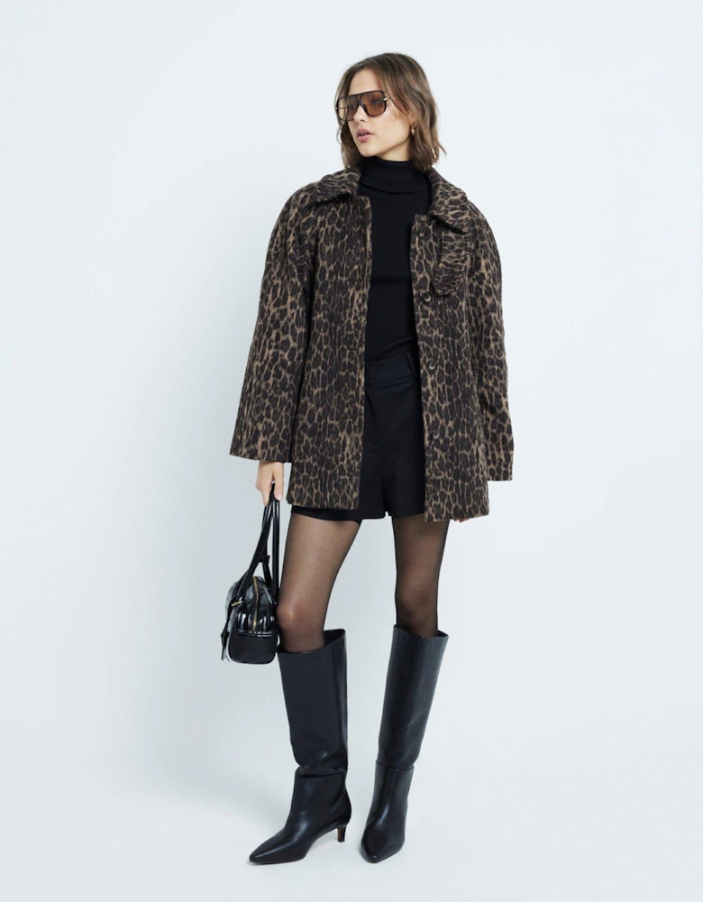 Leopard Funnel Neck Coat - Dark Brown