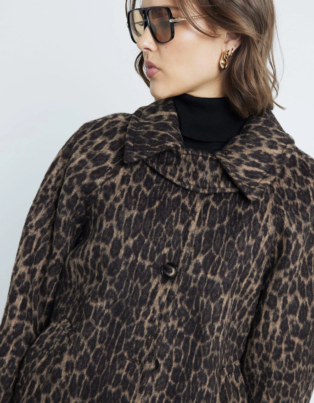 Leopard Funnel Neck Coat - Dark Brown