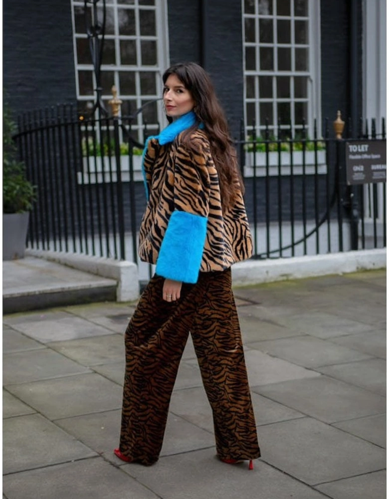 Blue and Leopard Print Faux Fur Coat