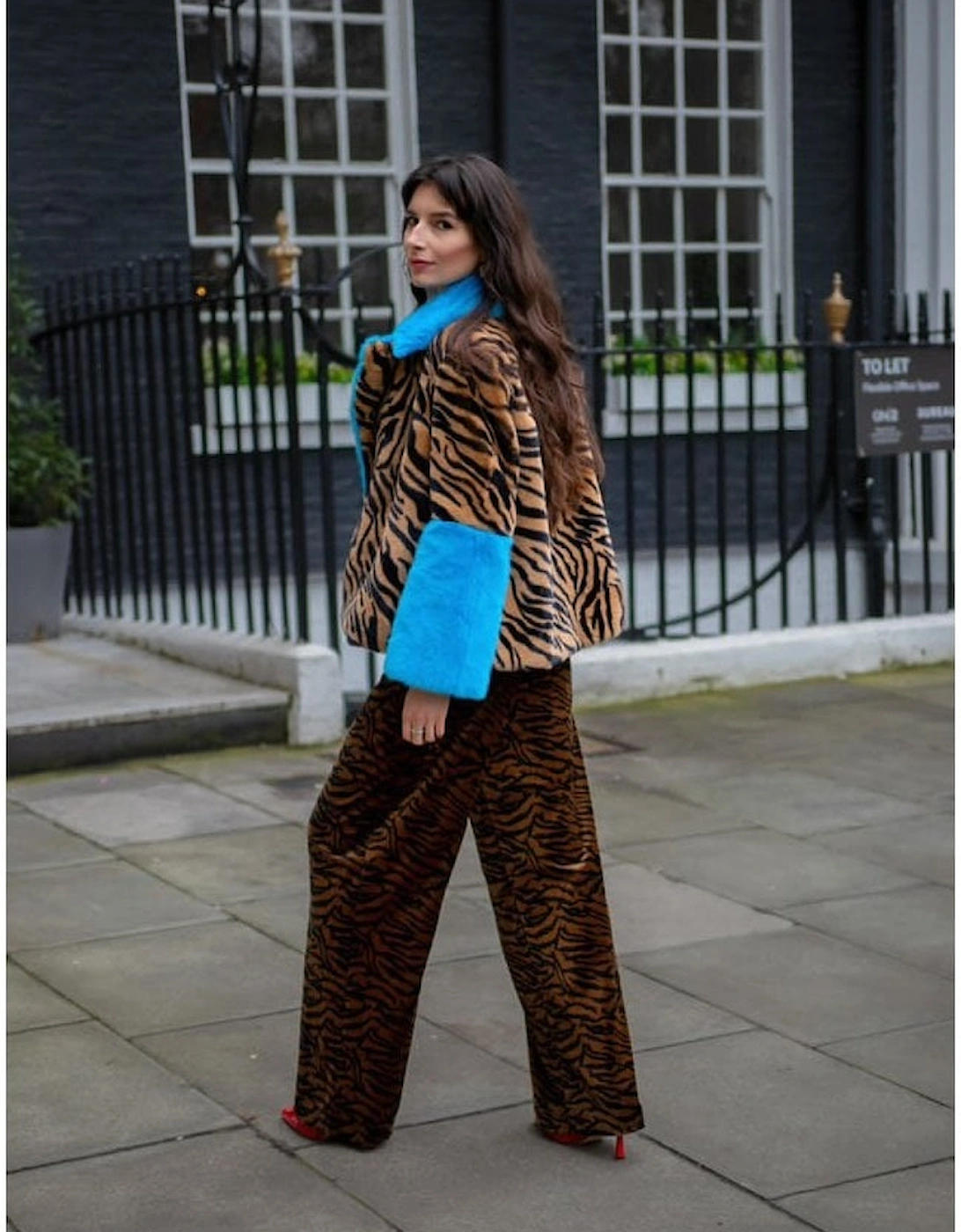 Blue and Leopard Print Faux Fur Coat