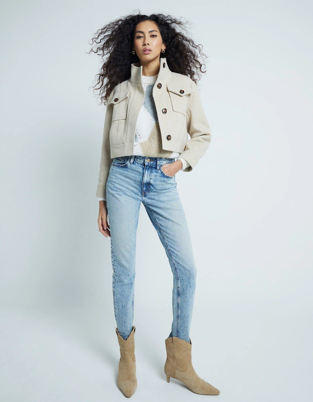 Funnel Neck Crop Jacket - Beige