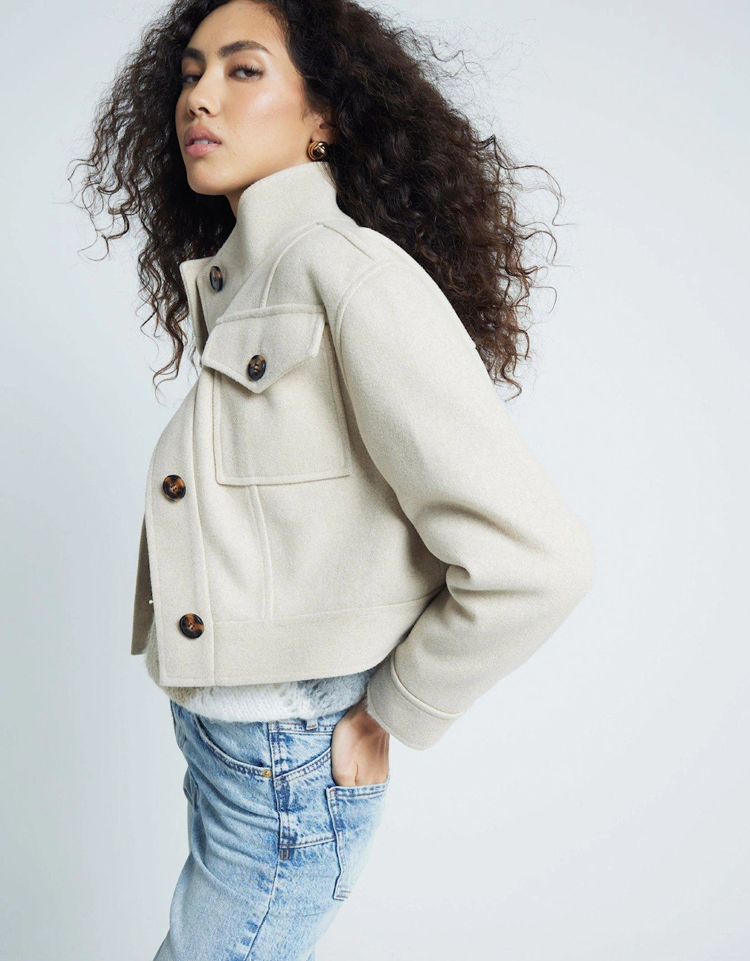 Funnel Neck Crop Jacket - Beige