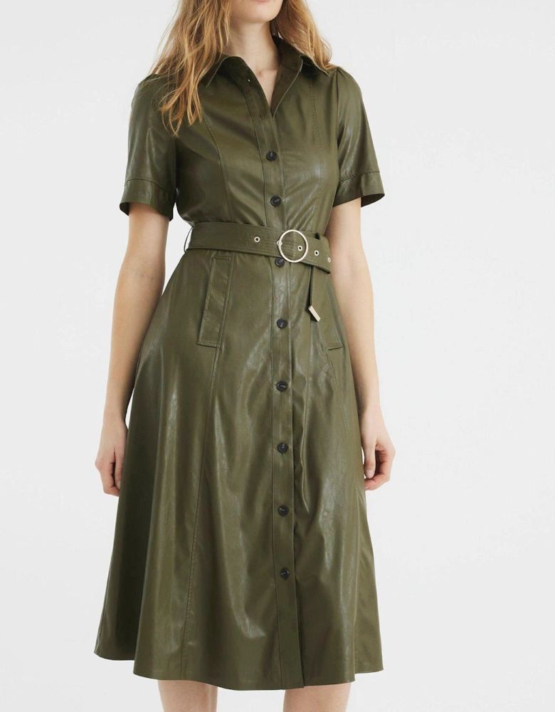 PU Shirt Midi Dress - Khaki