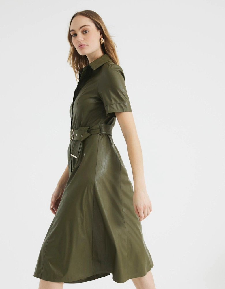 PU Shirt Midi Dress - Khaki