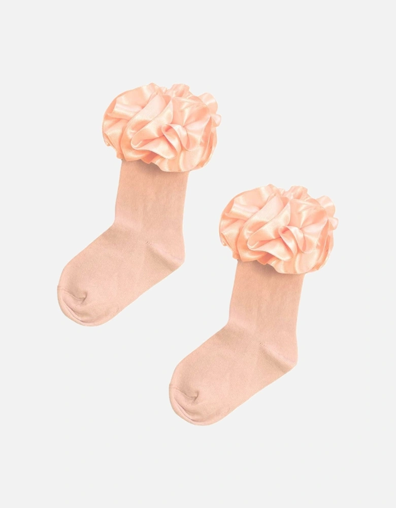 Girls Peach Ribbon Frill Ankle Socks