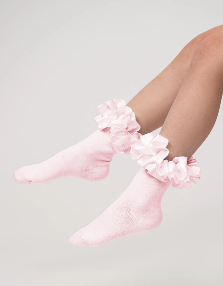 Girls Pink Ribbon Frill Ankle Socks