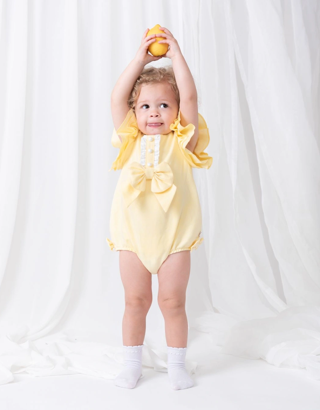 Girls Lemon Linen Frill Romper