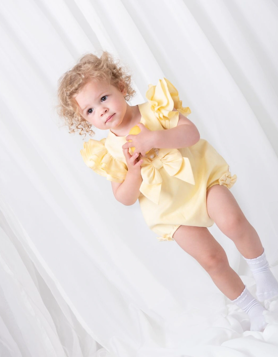 Girls Lemon Linen Frill Romper