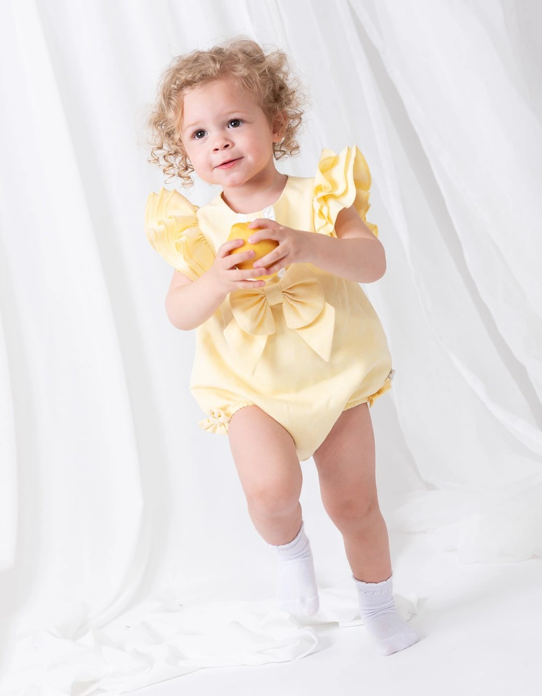 Girls Lemon Linen Frill Romper