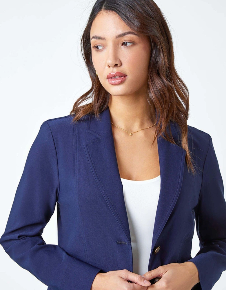 Button Detail Stretch Blazer - Navy