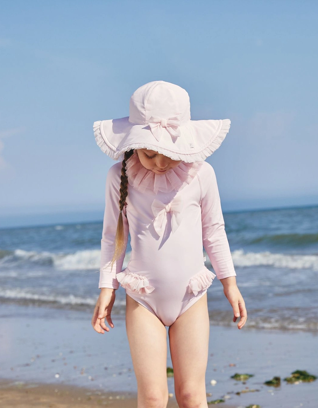 Girls Pink Bow Long Sleeve Swimsuit (UPF50)