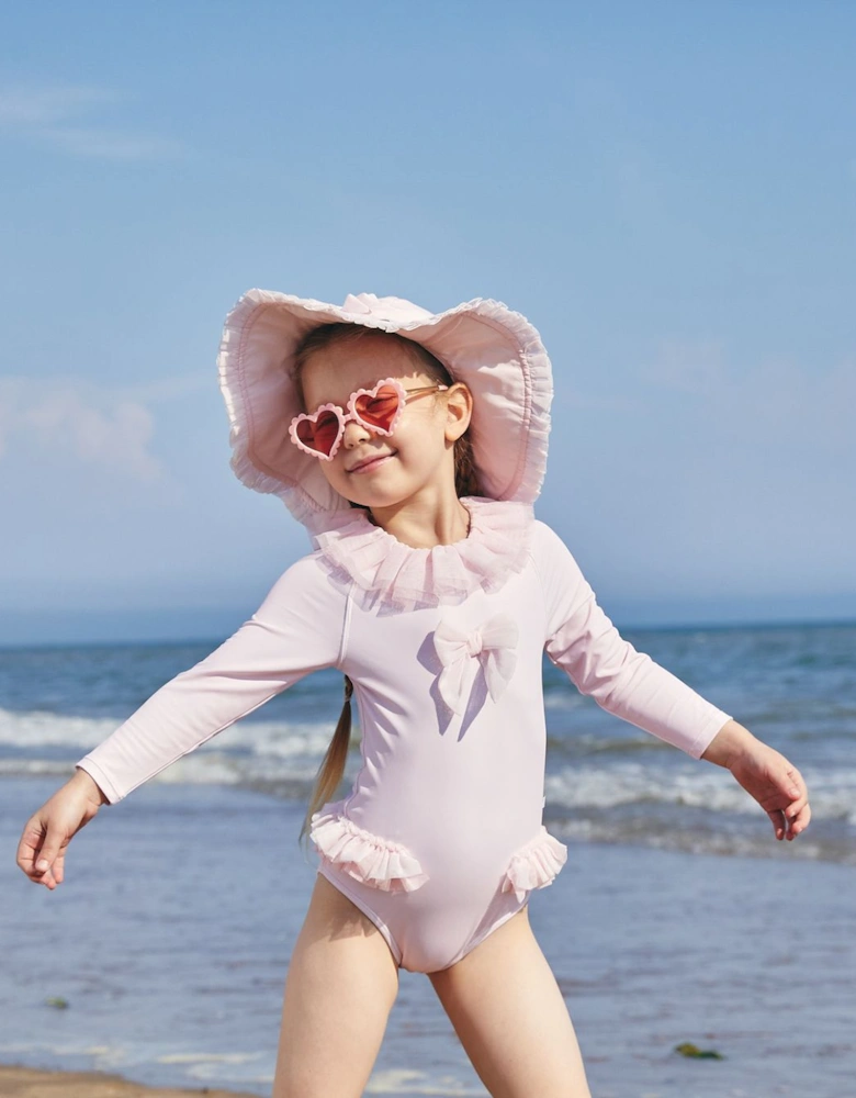 Girls Pink Bow Long Sleeve Swimsuit (UPF50)