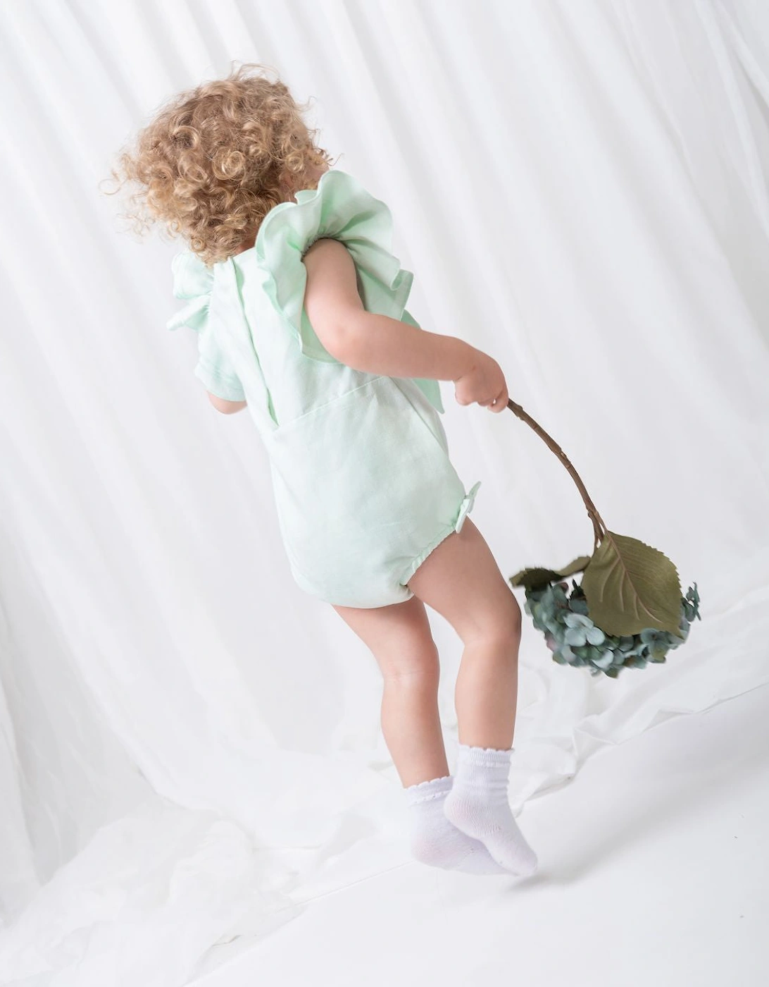 Girls Mint Green Linen Frill Romper