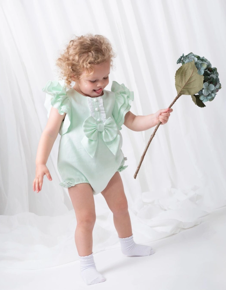 Girls Mint Green Linen Frill Romper