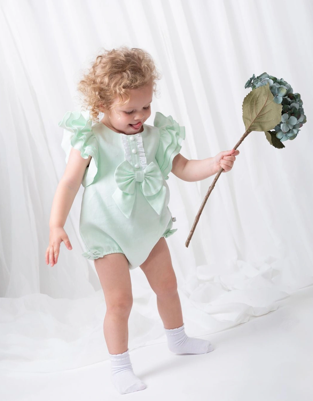 Girls Mint Green Linen Frill Romper, 5 of 4