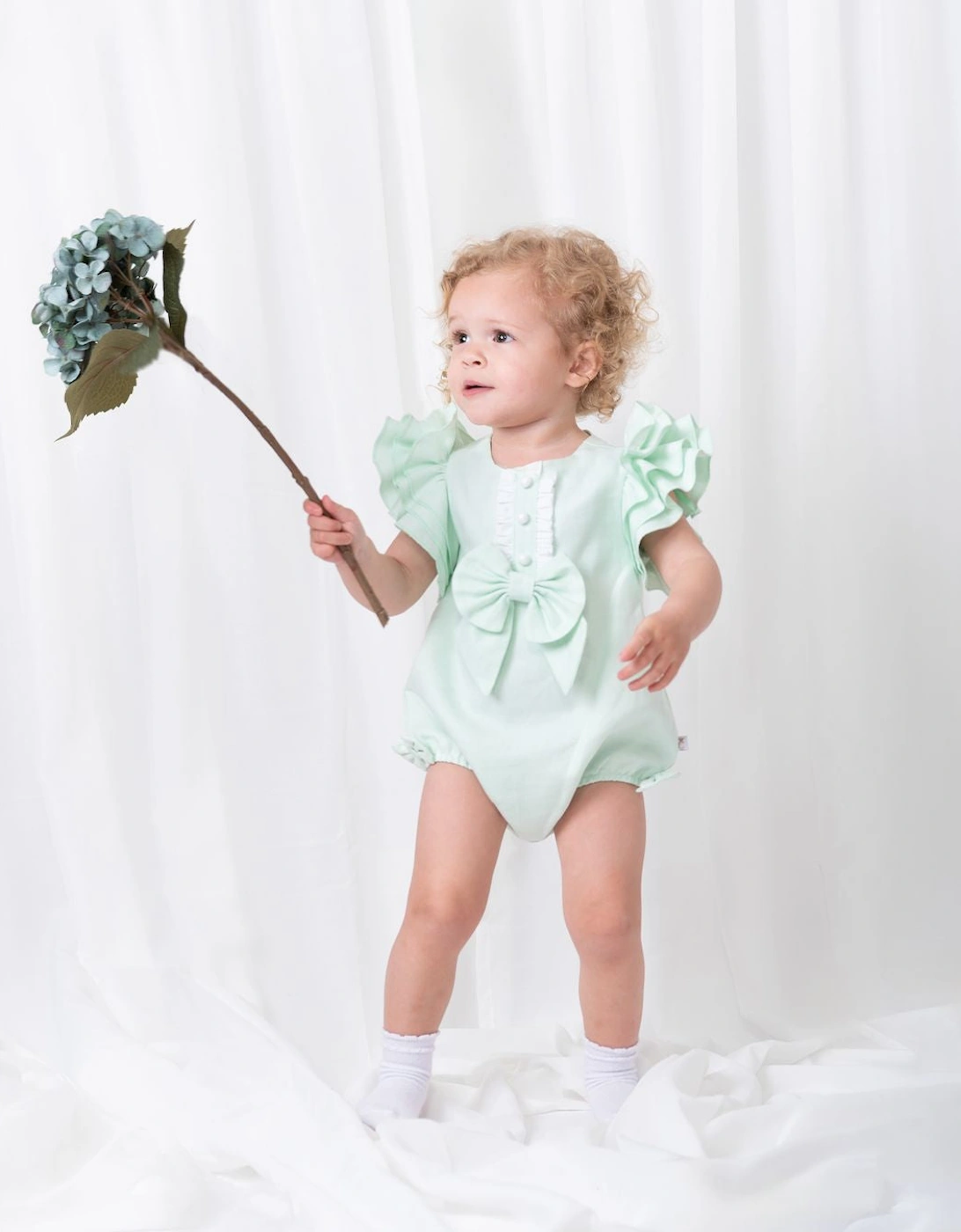 Girls Mint Green Linen Frill Romper