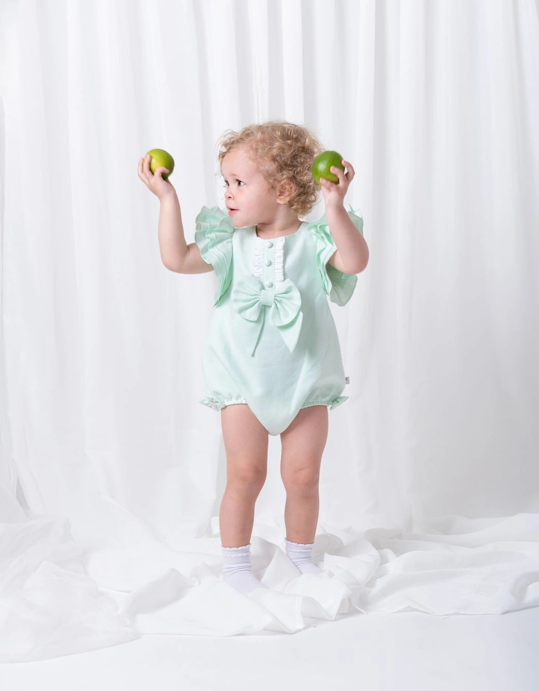 Girls Mint Green Linen Frill Romper