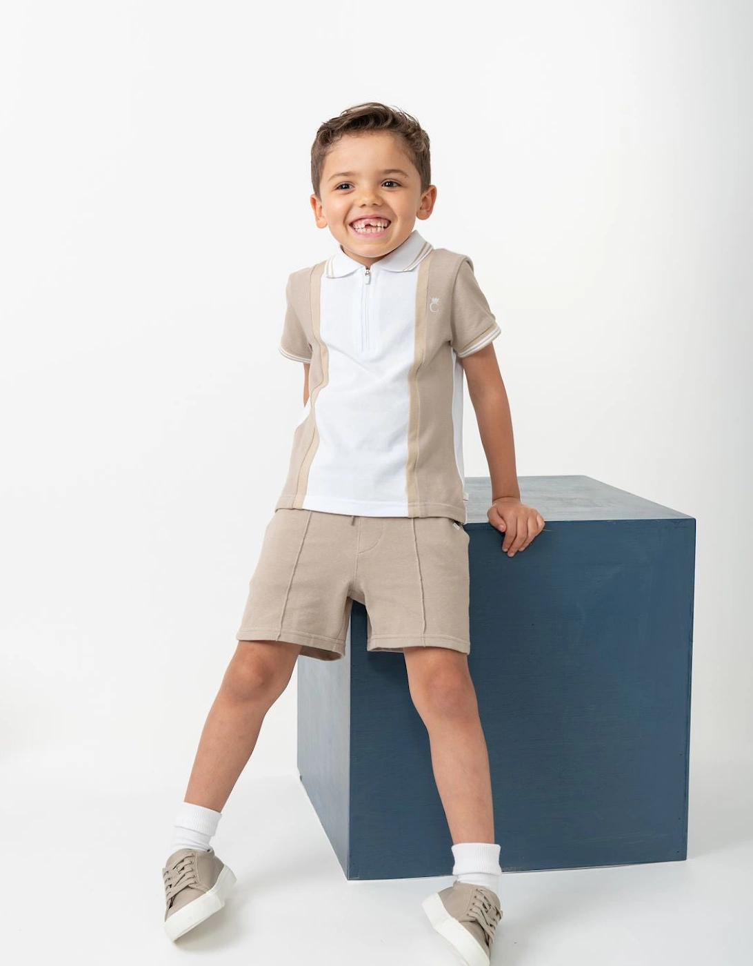 Boys Beige and White Polo Short Set