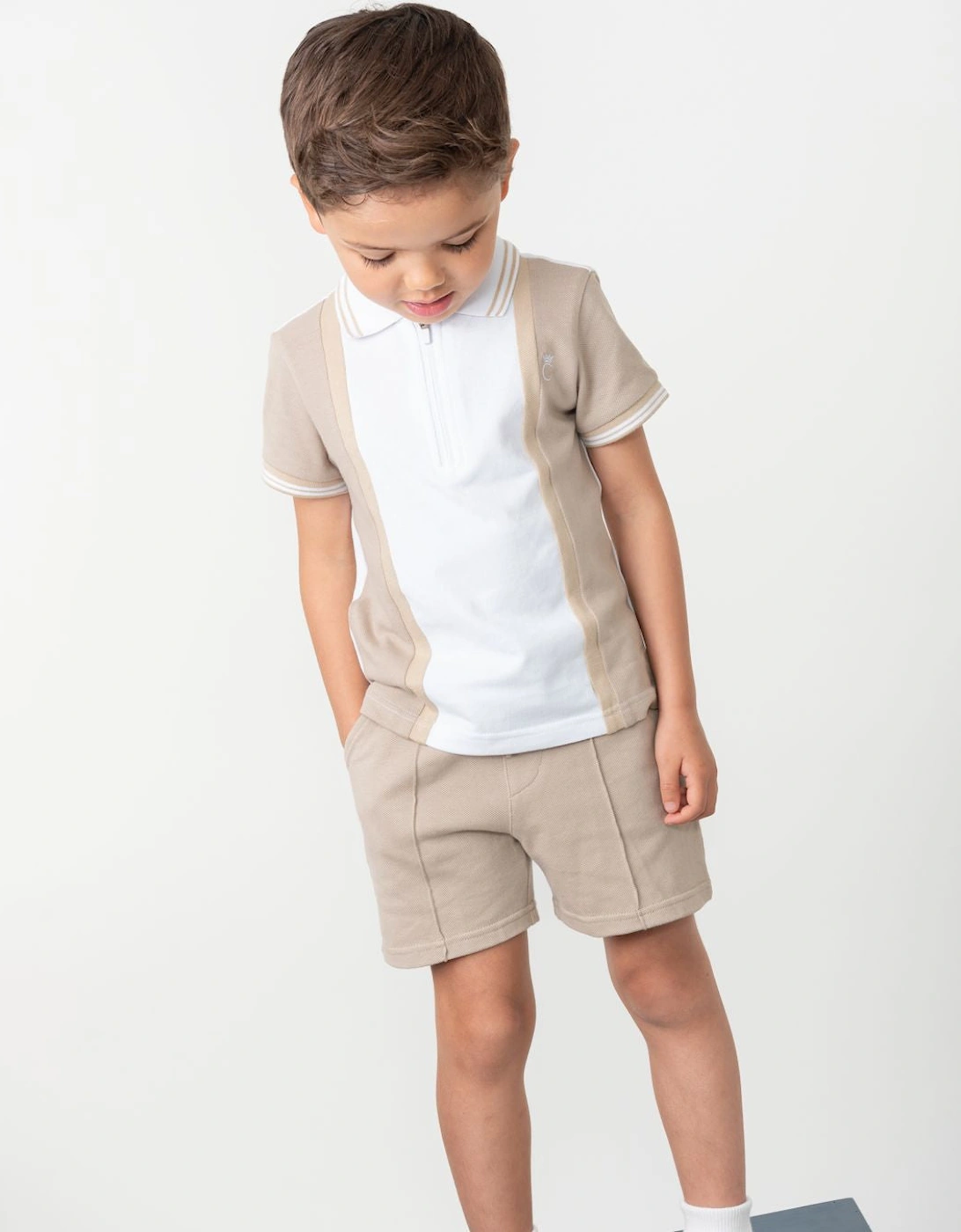 Boys Beige and White Polo Short Set