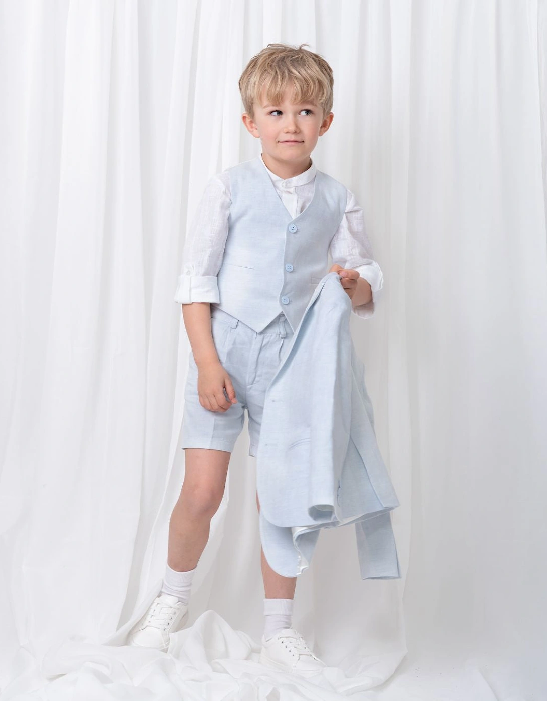 Boys Pale Blue Linen 3 Piece Blazer Short Set