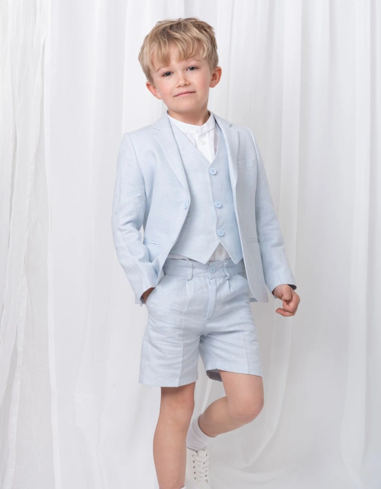 Boys Pale Blue Linen 3 Piece Blazer Short Set