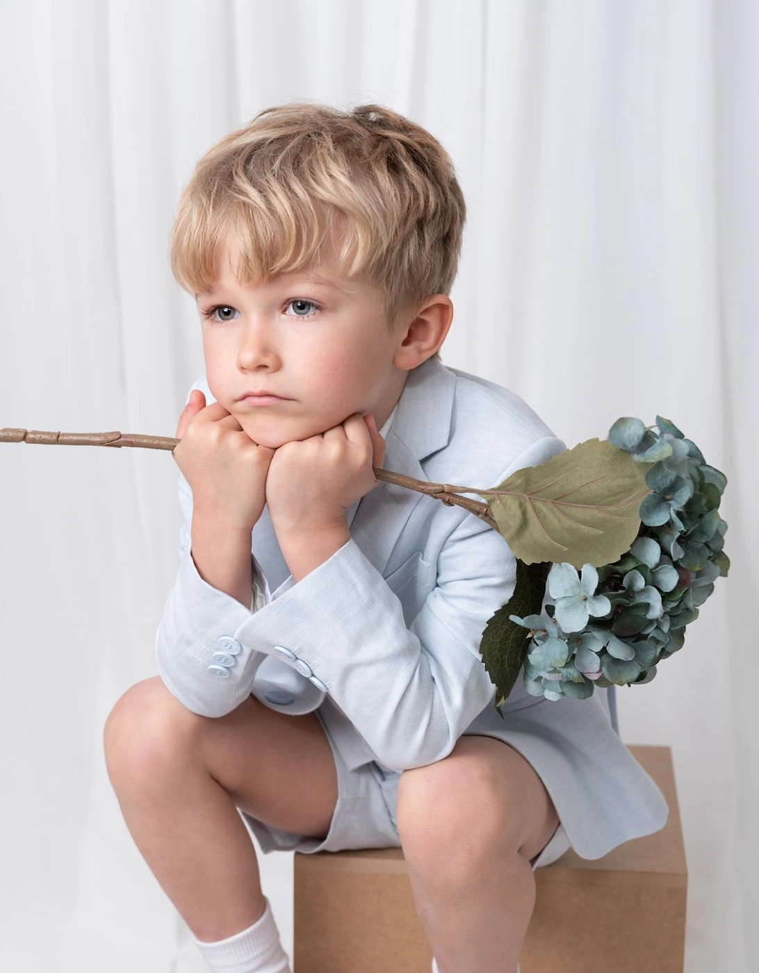 Boys Pale Blue Linen 3 Piece Blazer Short Set