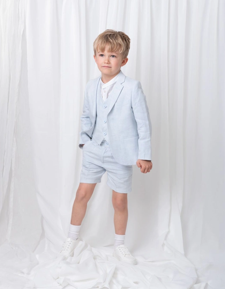 Boys Pale Blue Linen 3 Piece Blazer Short Set