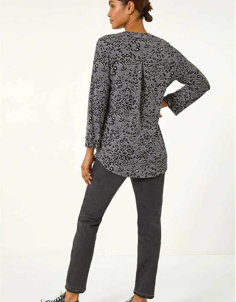 Animal Print Stretch Blouse - Grey