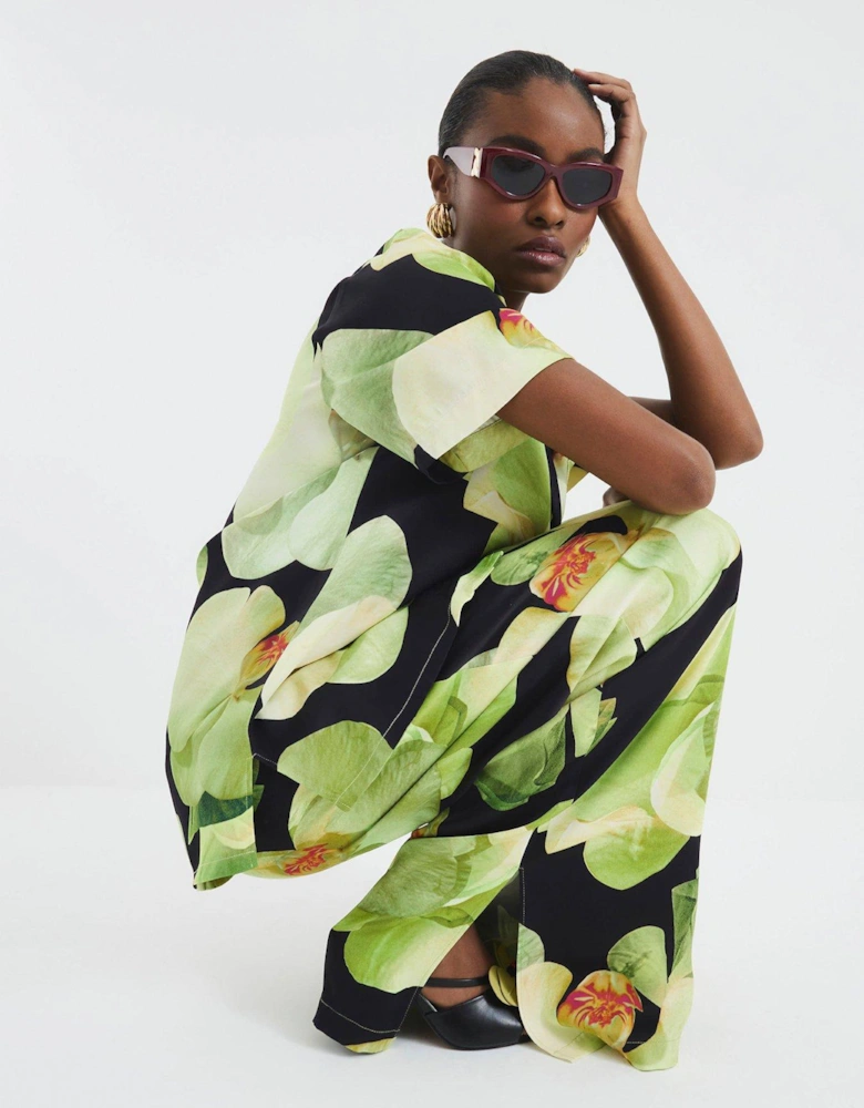 Crinkle Floral Satin Shirt - Black
