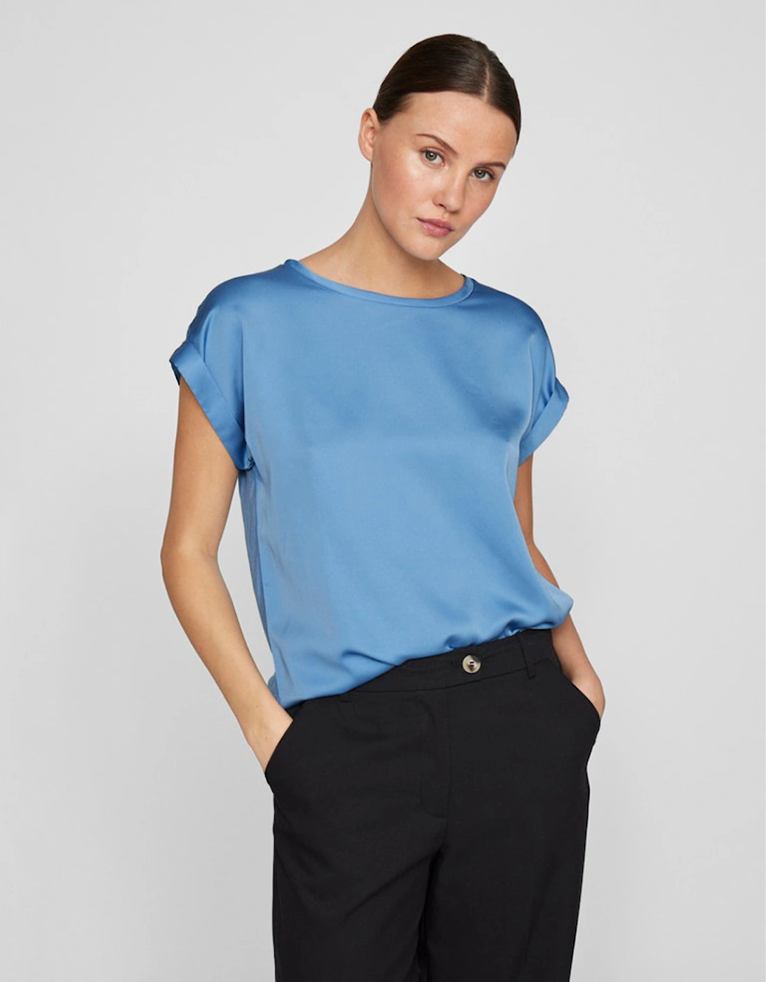 Elette Short Sleeve Satin Top Blissful Blue, 7 of 6