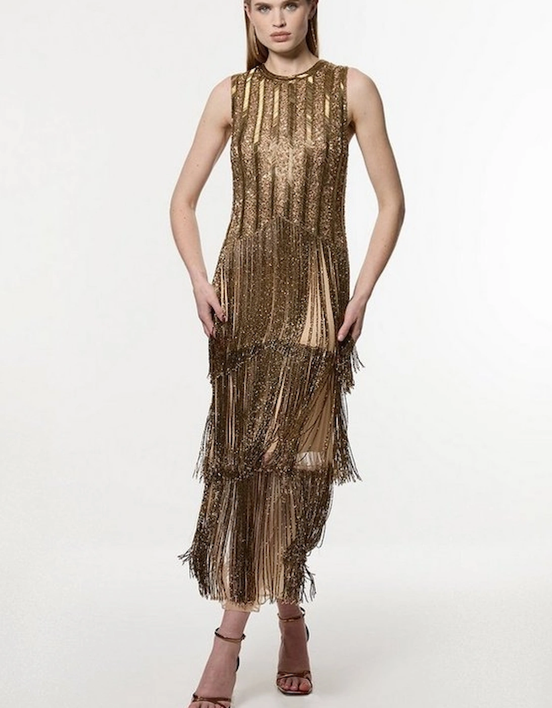 Petite Embellished And Beaded Layered Fringing Woven Midi Dress, 4 of 3