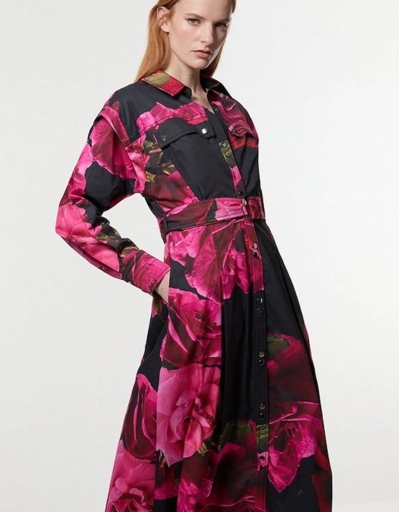 Placed Floral Cotton Sateen Shirt Dress