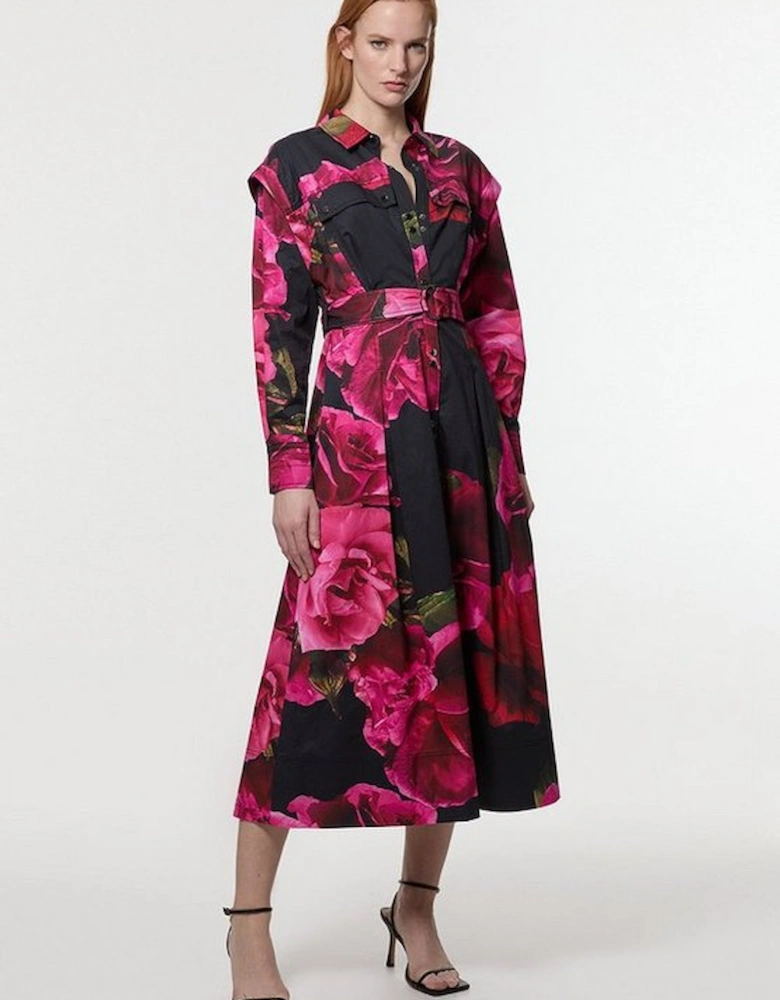 Placed Floral Cotton Sateen Shirt Dress