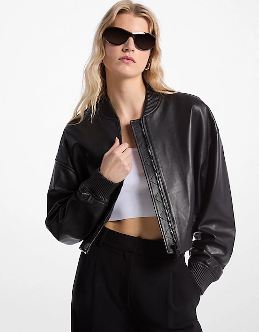 Leather Cropped Bomber Jacket, 2 of 1