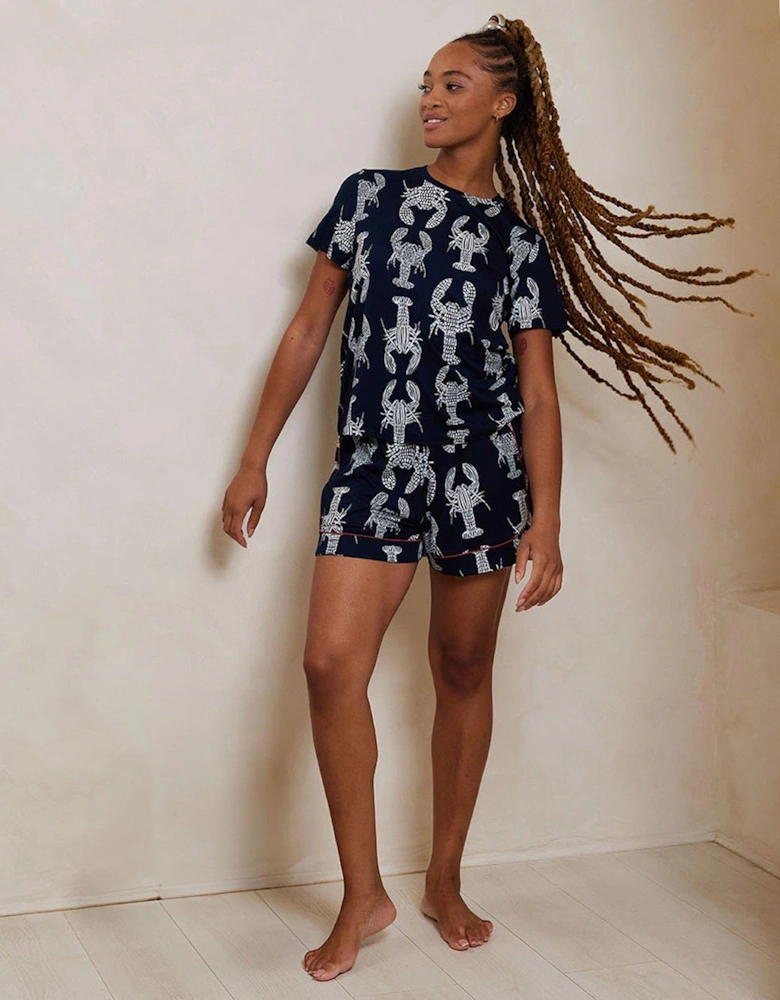 Sketch Lobster Print Crew Neck Short Pyjama Set - Navy