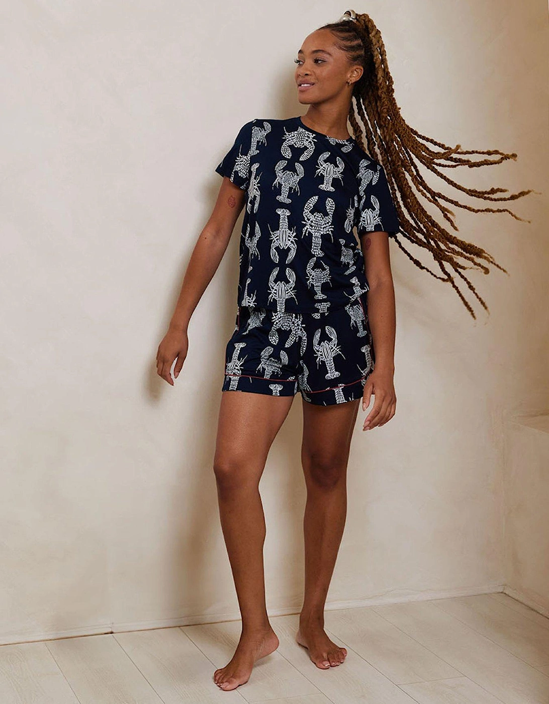 Sketch Lobster Print Crew Neck Short Pyjama Set - Navy, 2 of 1