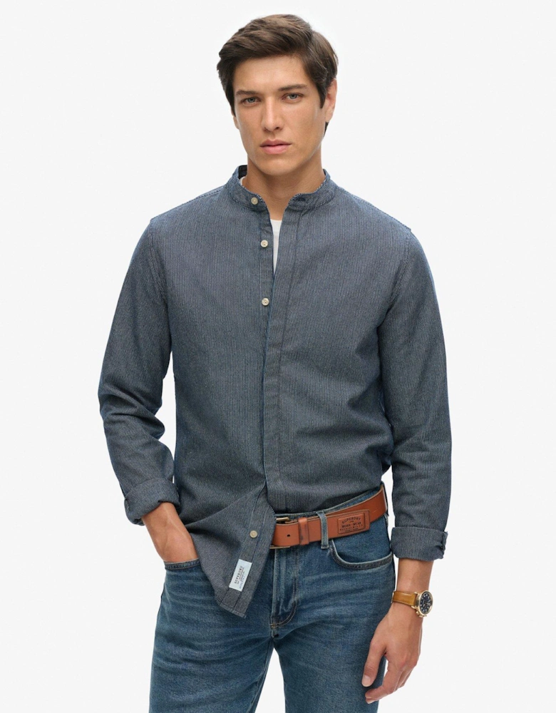 Merchant Striped Grandad Collar Long Sleeve Shirt - Dark Blue