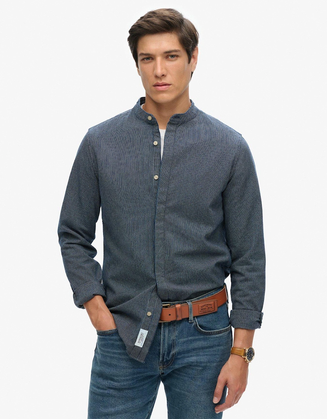 Merchant Striped Grandad Collar Long Sleeve Shirt - Dark Blue, 2 of 1