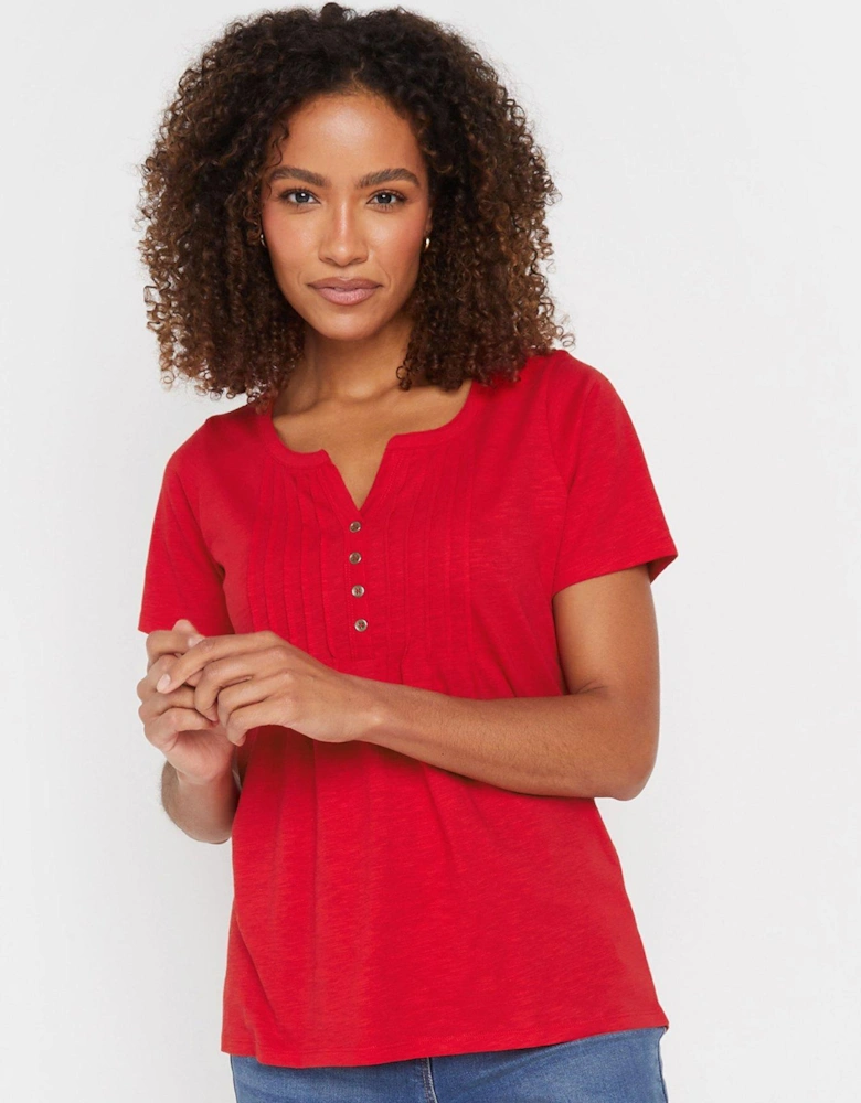 Short Sleeve Cotton Henley Top - Red