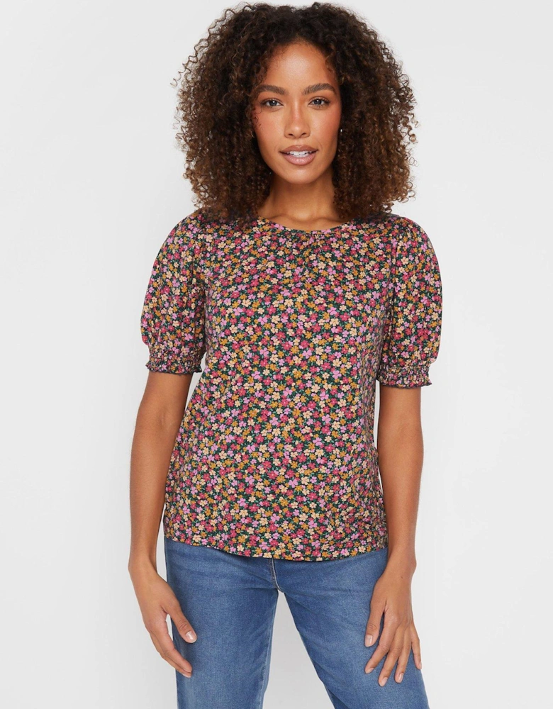 Floral Print Puff Sleeve T-Shirt - Pink