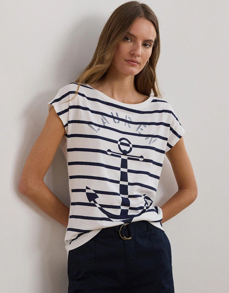 Grieta Cap Sleeve Striped T-Shirt - White