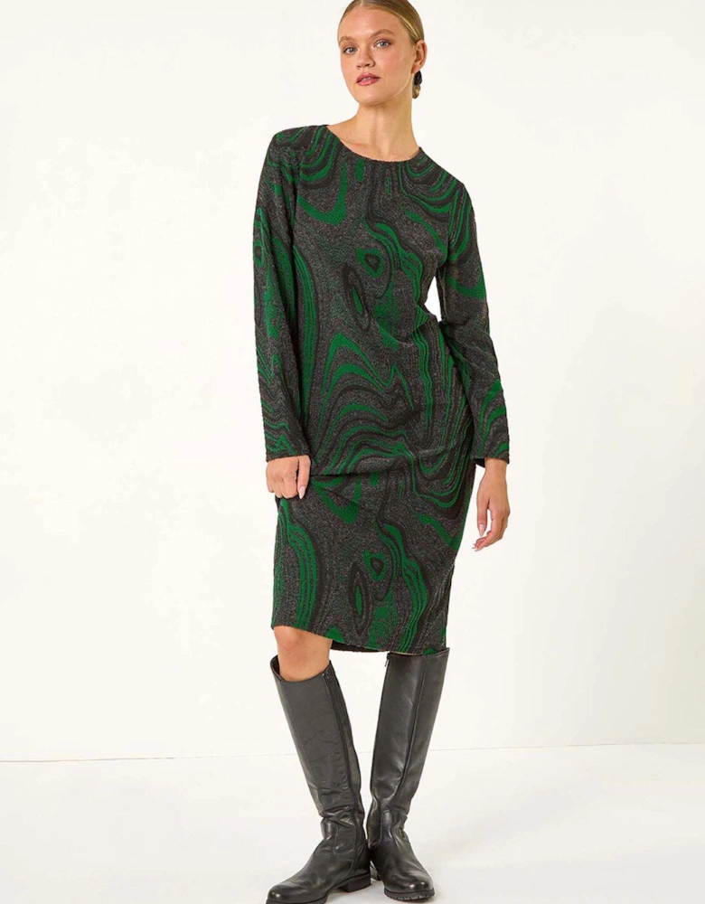 Textured Swirl Pattern Stretch Midi Dress - Green